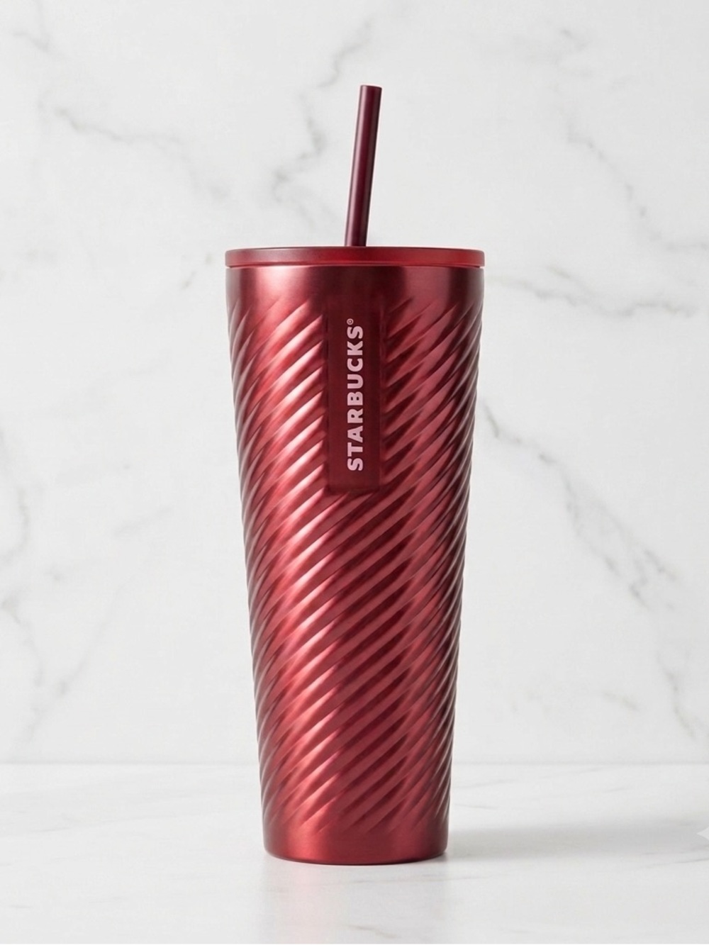 Starbucks 2022 NWT Metallic Red Twist Stainless Steel Venti Cold Cup 24 Oz